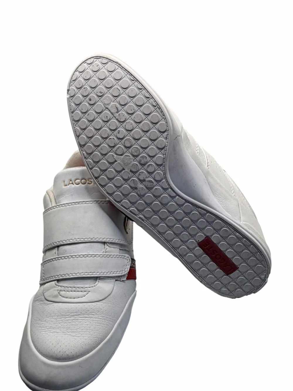 Lacoste Misano Strap Men’s Sneakers Size 8 White Leather Red Gold Double Strap